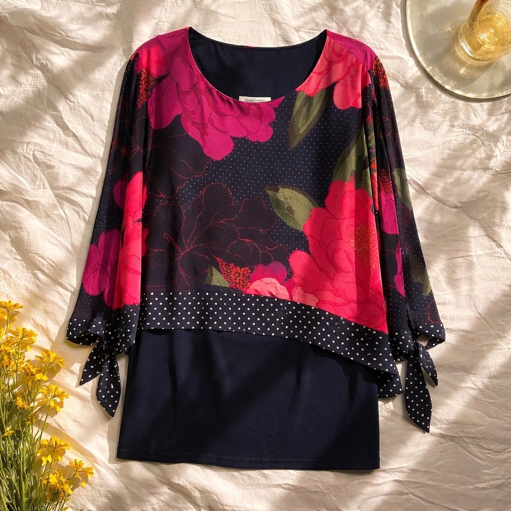 Joseph Ribkoff Runway 10 Floral Polka Dot Layered Tunic Black Floral Overlay